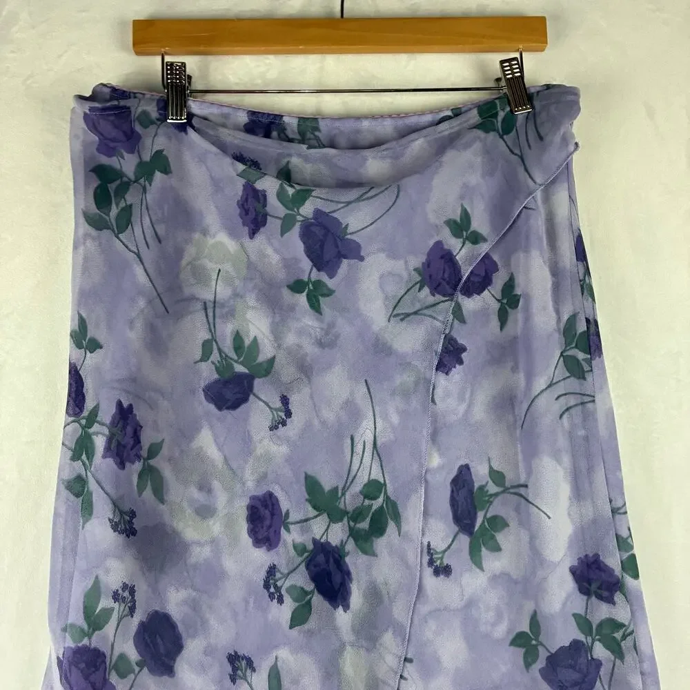 Vintage 2 Piece Cowl Flutter Blouse Midi Skirt Womens Large Purple Rose Romantic